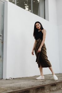Kaboompics - Full Body Fashion Model in Black Top and Brown Midi Skirt