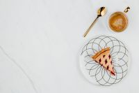 Kaboompics - Blueberry Pie and Cappuccino with Copy Space on Marble