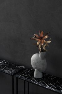 Kaboompics - Vertical Sculptural Gray Vase and Dried Bloom Styled on Black Marble Shelves