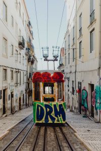 The Gloria Funicular (Elevador da Glória) in the city center of Lisbon, Portugal