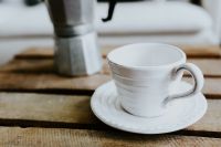 Kaboompics - White Coffee Cup and Moka Pot on a Wooden Table, Cozy Home Still Life
