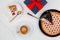 Kaboompics - Blueberry Pie, Cappuccino and Blue Christmas Gift with Red Bow
