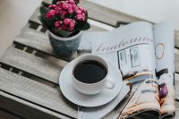 Kaboompics - Little pink flowers with a coffee and a magazine