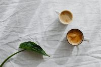 Kaboompics - Coffee Cups and Green Leaf in a Minimal White Flat Lay