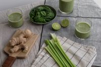 Kaboompics - Green Smoothie Ingredients on a Gray Linen Tablecloth