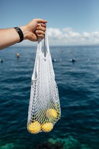 Kaboompics - Hand Holding a Mesh Bag of Lemons over Blue Water
