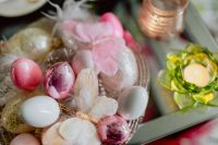 Kaboompics - Pink, White and Purple Easter Eggs beside a Green Glass Flower Candle Holder
