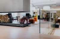 Kaboompics - Modern Living Room with Fireplace, Glass Wall and Contemporary Furniture