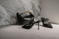 Kaboompics - Black Handbag and Woven Heels in Marble Interior