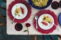 Kaboompics - Overhead Romantic Seafood Dinner Table with Red Wine and Rose