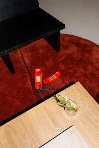 Kaboompics - Retro Telephone On Red Carpet Editorial Interior Composition