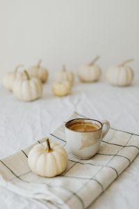 Kaboompics - Coffee Cup with White Mini Pumpkin on Checkered Cloth