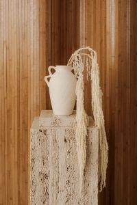 Kaboompics - Ceramic Vase and Pampas on Travertine Pedestal by Wood Wall