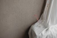 Kaboompics - Tiny Pink Dried Stems In Clear Glass Vase On White Fabric