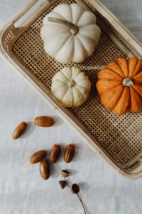 Kaboompics - Flat Lay of White and Orange Pumpkins with Acorns