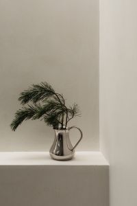 Kaboompics - Evergreen Pine Branch in Silver Pitcher on White Alcove Shelf
