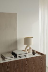 Kaboompics - Neutral Living Room Corner with Ceramic Lamp, Books and Dried Vase