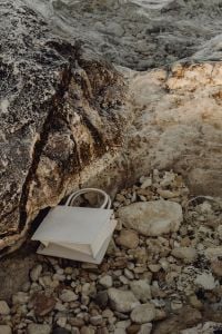 Kaboompics - Minimal White Mini Handbag on a Coastal Limestone Boulder