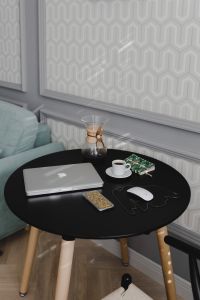 Kaboompics - Closed Silver Laptop, Coffee Cup and Chemex on Black Round Table beside Pale Sofa, Vertical Living Room