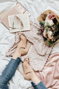 Kaboompics - Romantic Fashion Flat Lay with Bouquet, Heels and Book