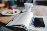 Kaboompics - Macbook, iPhone, Notebook, Cheese Cake and Cup of Coffee
