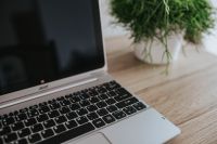 Kaboompics - Silver Acer laptop on a wooden desk with a green plant