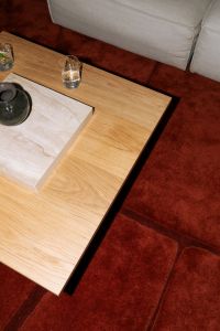 Kaboompics - Minimal Coffee Table With Stone Tray And Glass On Red Carpet