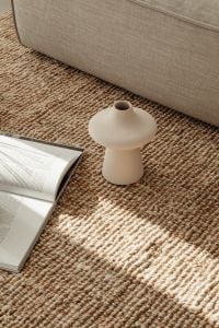 Kaboompics - Sculptural Ceramic Vase and Open Book on Jute Rug beside Sofa