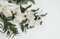 Kaboompics - White Cymbidium Orchids and Eucalyptus Floral Arrangement on Marble