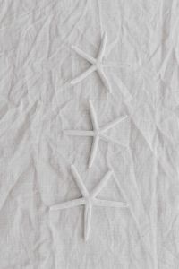 Kaboompics - Three White Starfish on Rumpled Linen, Minimal Coastal Background