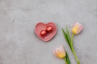 Kaboompics - Pink Heart Dish and Tulips on a Valentine Flatlay