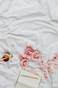 Valentine's Day Bedroom Backgrounds with Pink Roses, Coffee, Laptop and Journaling
