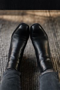 Black Leather Ankle Boots with Block Heels on a Textured Rug