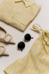 Kaboompics - Yellow Striped Summer Outfit with Sunglasses and Sandals