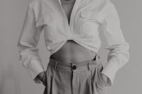 Kaboompics - Black and White Minimal Fashion Portrait in White Shirt and Beige Trousers
