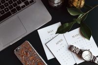Kaboompics - Home office desk with Macbook, iPhone, calendar, watch & organizer