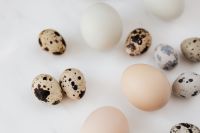 Kaboompics - Close-Up of Quail and Chicken Eggs on White Marble, Mixed Egg Still Life
