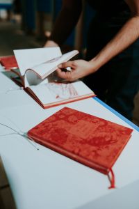 Red book on a white table