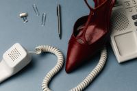 Kaboompics - Fashion Office Desk Flat Lay With Red Heels And Vintage Phone