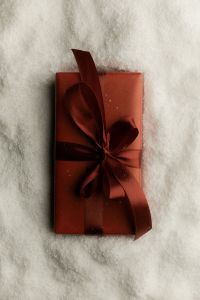 Kaboompics - Burgundy Gift Box with Velvet Bow on Artificial Snow