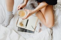 Kaboompics - Notepad - Glasses - Bedding - Coffee