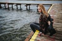 Kaboompics - Beautiful blonde woman on a wooden pier by the lake