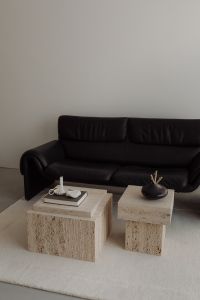 Kaboompics - Black Sofa and Travertine Tables with Sculptural Decor