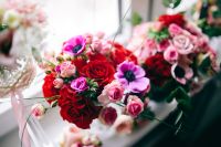 Kaboompics - Red and Pink Rose Bouquet with Purple Anemones, Colorful Floral Still Life