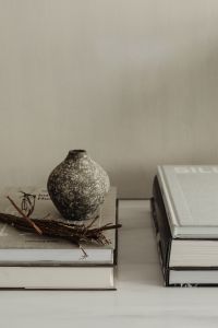 Kaboompics - Textured Ceramic Vase with Dried Twigs on Stacked Books