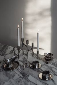 Kaboompics - Chrome Candelabra, Coffee and Chrome Bowls on Arabescato Marble