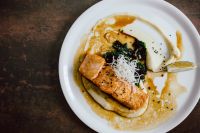 Kaboompics - Bourbon Salmon Dinner Plate with Creamy Potato and Spinach on Dark Table