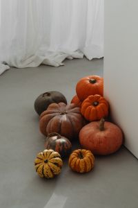 Kaboompics - Pumpkins in a Sunlit Corner by White Curtains