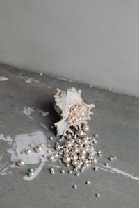 Kaboompics - Pearls Spilling from an Iridescent Seashell on Gray Concrete with Copy Space