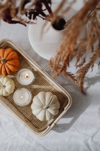 Kaboompics - Autumn Tray with Pumpkins Candles and Dried Flowers